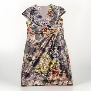 Stunning Floral Dress Grey Satin Cap Sleeve sz 12 like new